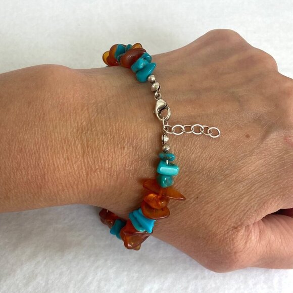 Sterling Silver 925 Turquoise Chip & Baltic Amber Chip Beaded Bracelet 8" - 9" - Picture 3 of 16